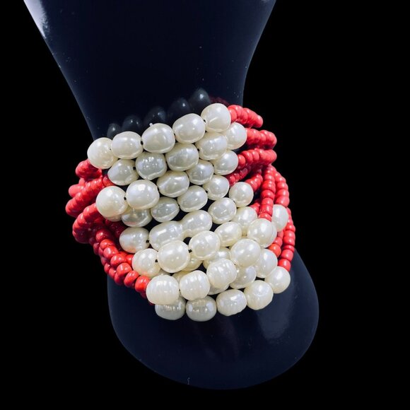 Chunky Pearl Beaded Bracelet Red White Statement Stretch Boho Layered Y2K - Picture 5 of 10